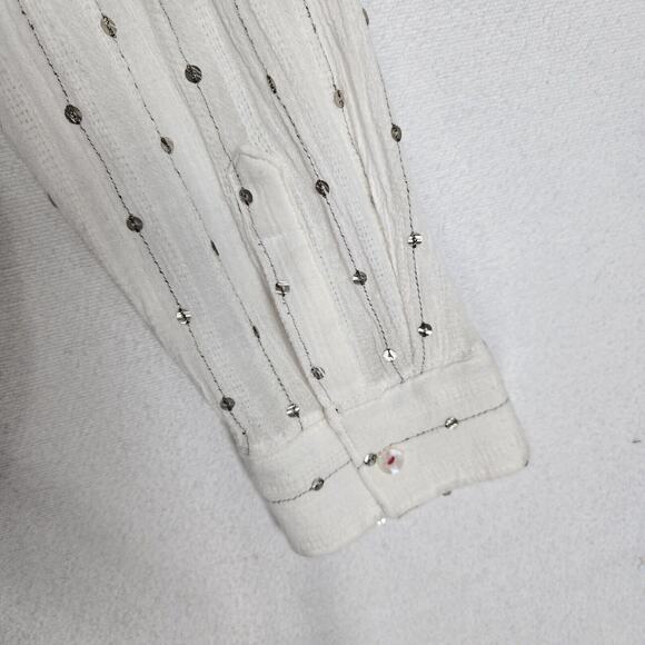 Feather Bone Gauzy Top Blouse Shirt Sz M White Sequins Accents Button Front Boho - Picture 7 of 14